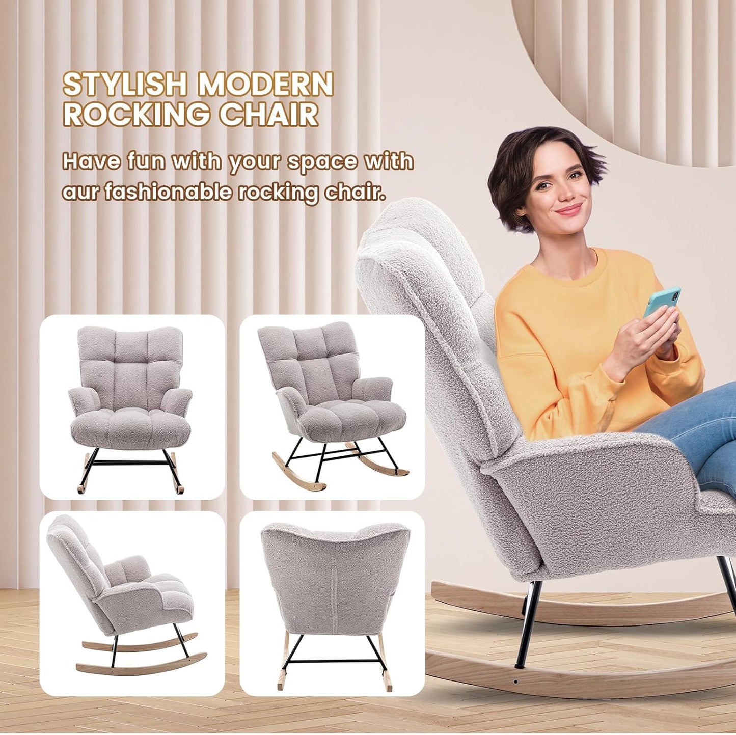 SAETSFEG Nursery Rocking Chair Teddy, Upholstered Glider Rocker with High Backrest, Comfortable Stylish Accent Armchair with Padded Seat for Living Rooms, Bedrooms, Offices, Colorful