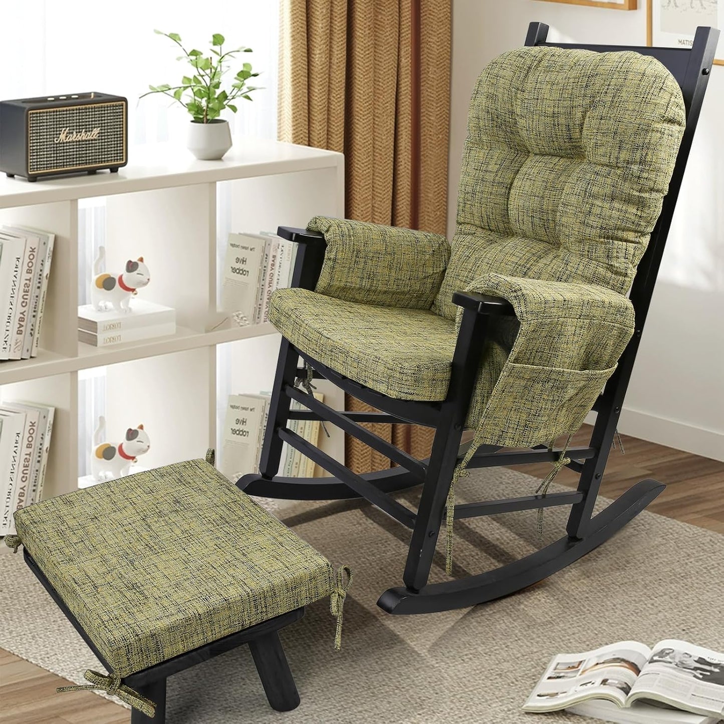 SINOSSO Glider Rocker Cushion Set (5 Pcs), Soft Blended Fabric High-Density Support Foam Seat Cushions with Ties, Fits Rocking Chair/Nursery Glider & Ottoman, Black-Gray