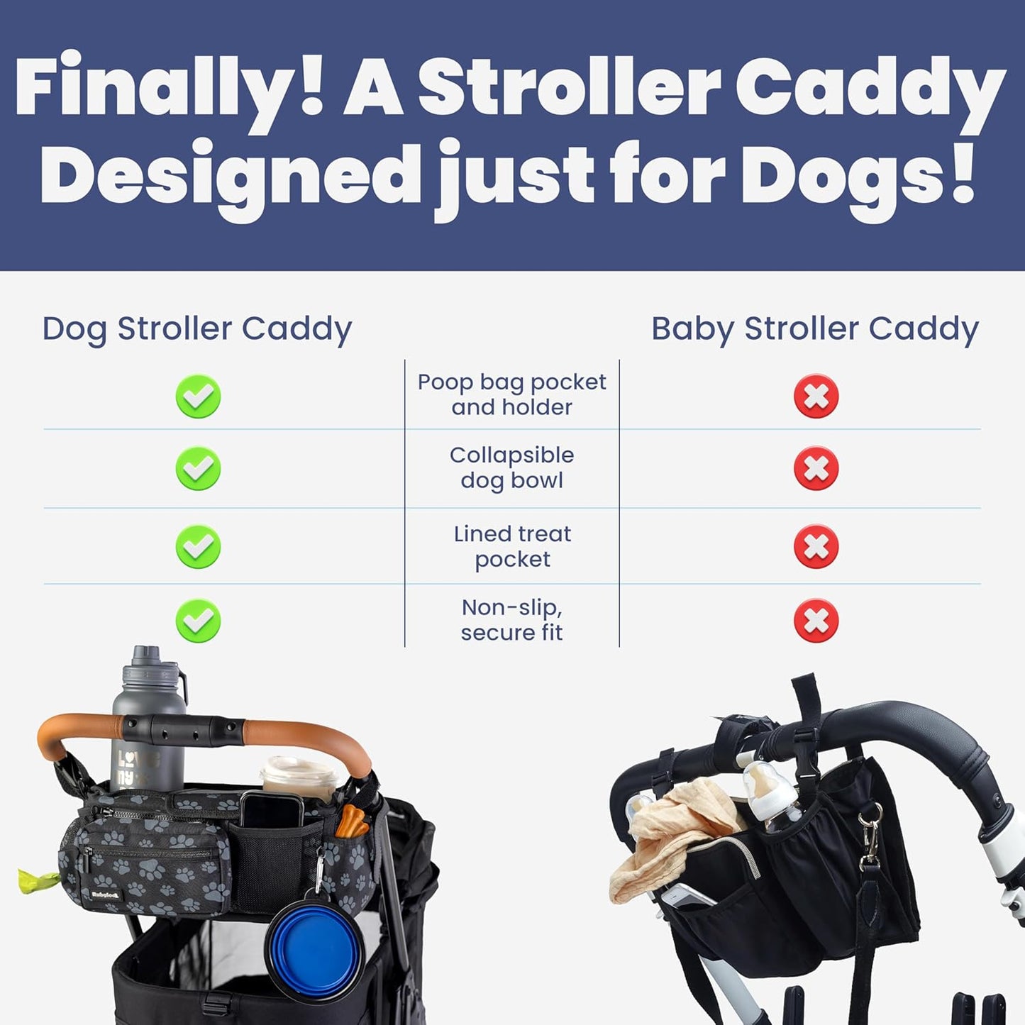 rubyloo Dog Stroller Caddy Organizer with Poop Bag Dispenser, Treat Pocket, Water Bowl – Dog Stroller Accessories with Insulated Cup Holders, Pet Storage & Non-Slip Fit for 14"-19" Wide Handlebars