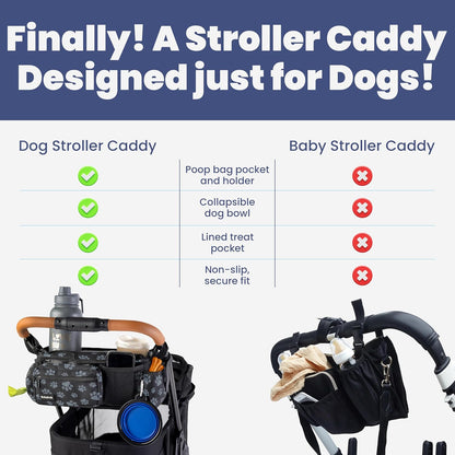 rubyloo Dog Stroller Caddy Organizer with Poop Bag Dispenser, Treat Pocket, Water Bowl – Dog Stroller Accessories with Insulated Cup Holders, Pet Storage & Non-Slip Fit for 14"-19" Wide Handlebars