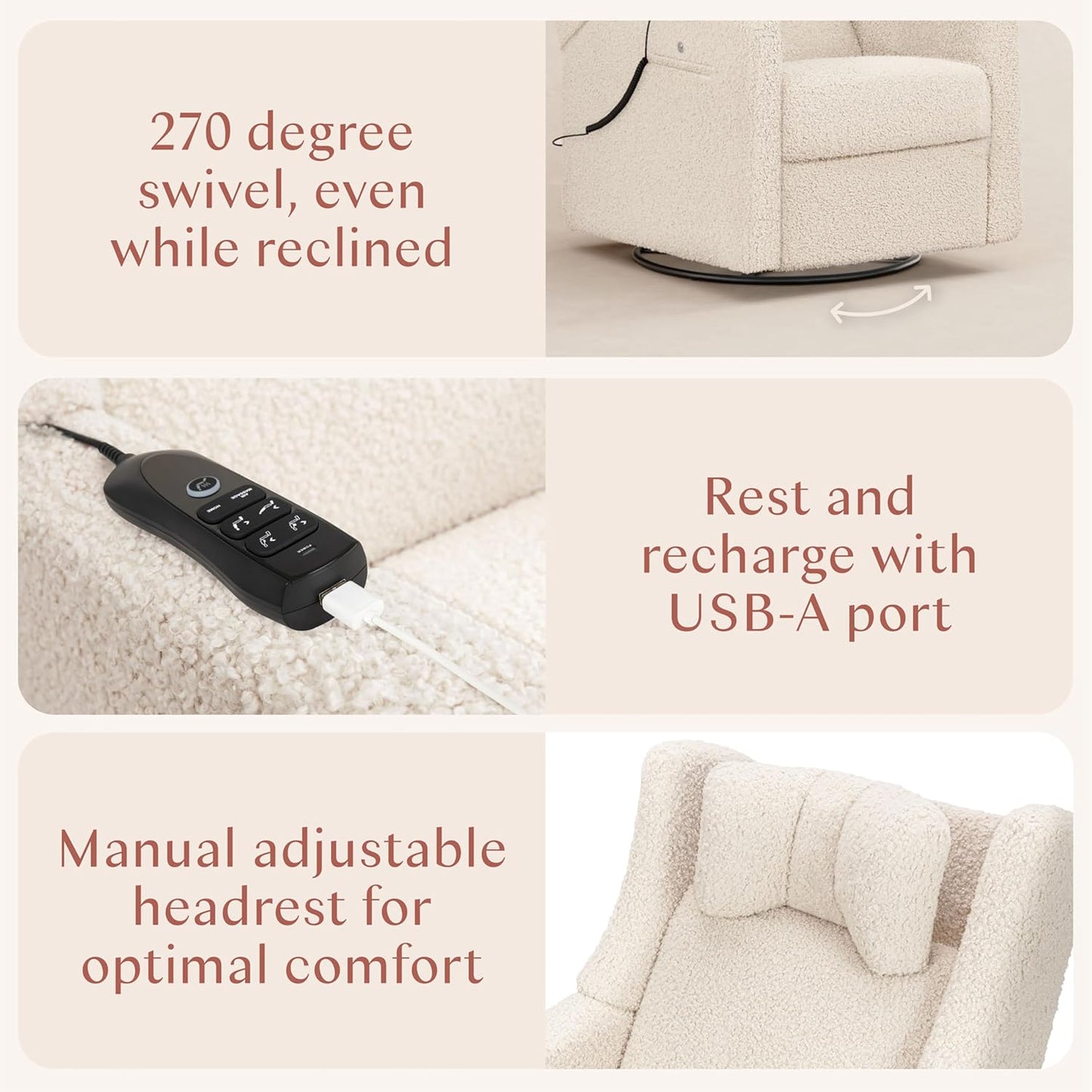 Babyletto Kiwi Deluxe Power Recliner and Swivel Glider with Heat and Massage in Almond Teddy Loop, Built-in USB Charging Port, Adjustable Headrest, Greenguard Gold, FSC and CertiPUR-US Certified
