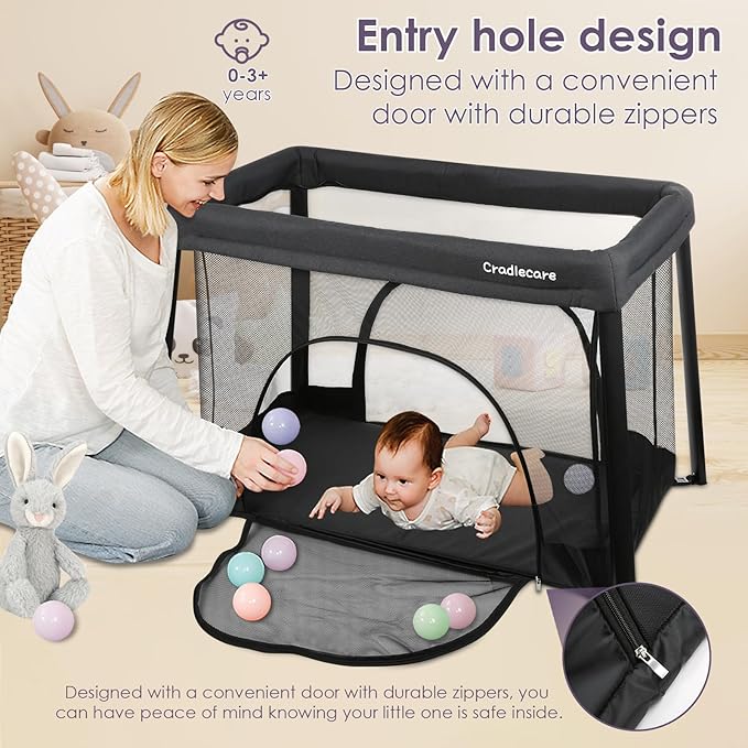 Pack and Play with Bassinet & Mattress, Lightweight Portable Baby Bed, Foldable Travel Bassinet Playard with Storage Bag, Easy Setup Playpen for Babies & Toddlers (Black)