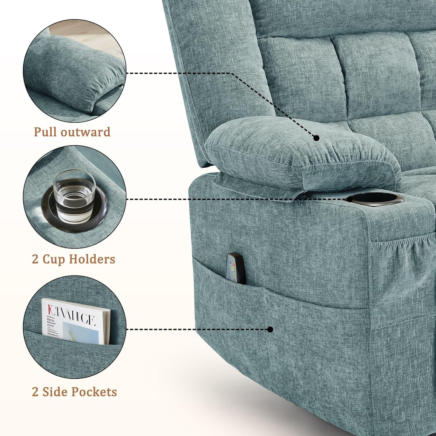 Korser 360° Swivel Rocker Recliner for Adults, Nursery Glider Recliner with Massage and Heating, Rocking Chair with Cup Holder, Manual Recliner Chair for Living Room, Bedroom (Fabric, Beige)
