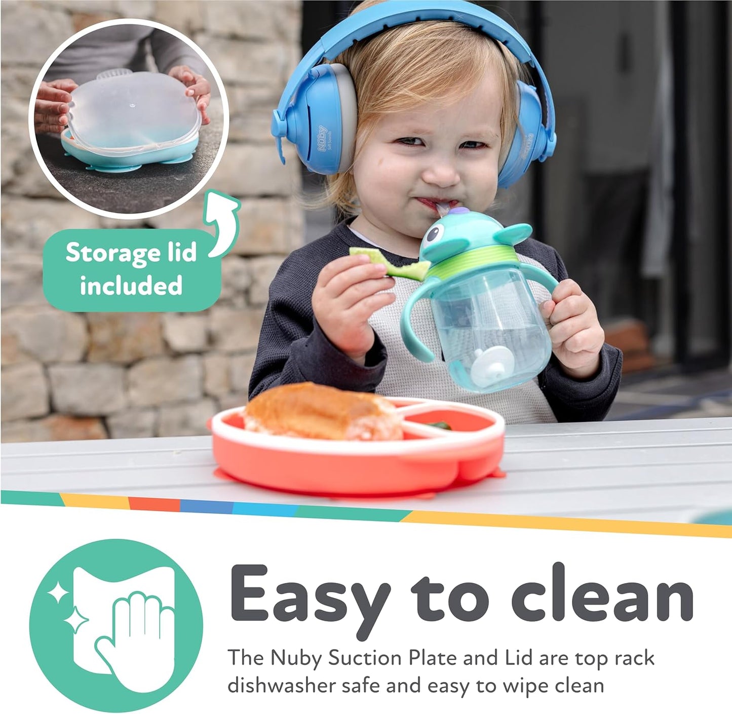 Nuby Silicone Round Suction Plate with Lid - Dishwasher-Safe Baby and Toddler Plate - 6+ Months - Aqua and Coral - Back to School Essentials