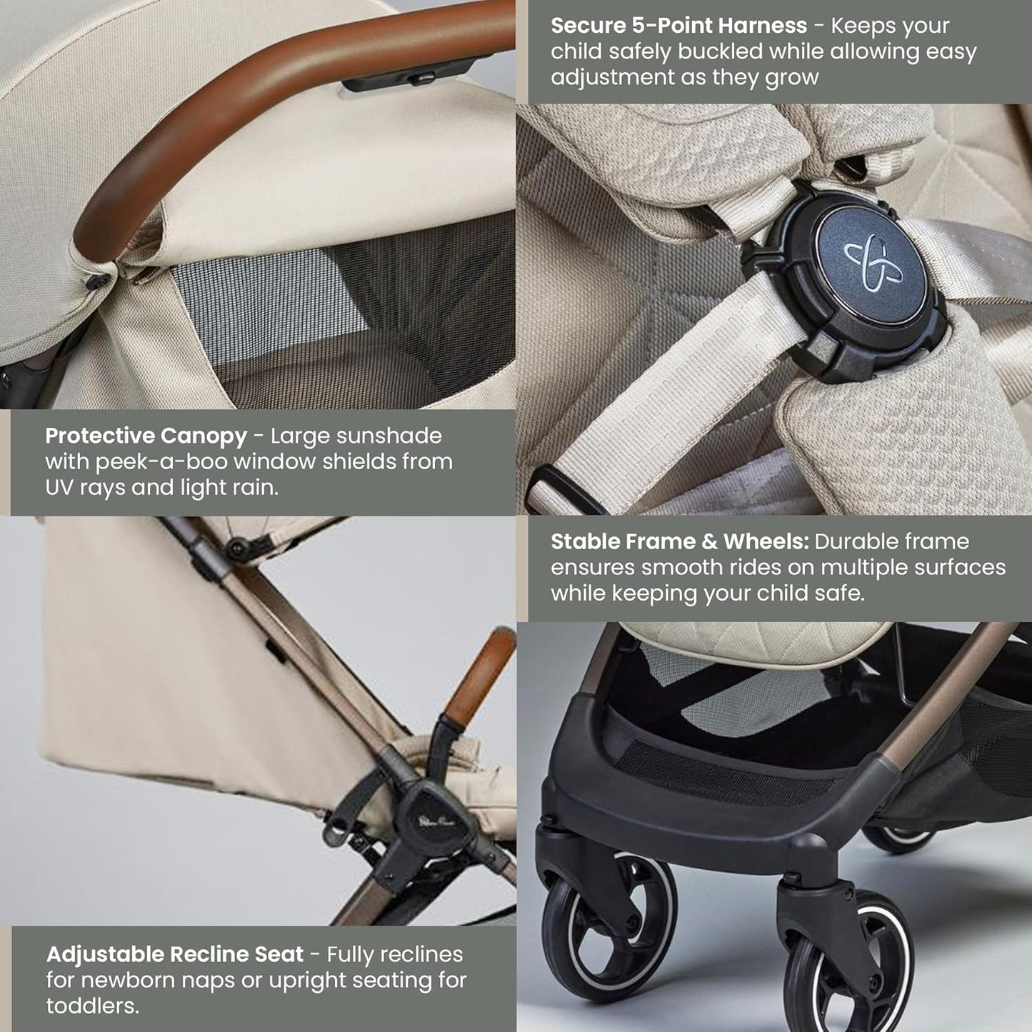 Silver Cross Clic Compact Travel Stroller – (Latte) – Lightweight Baby Stroller for Airplane Travel – One-Hand Fold, Lie-Flat Infant & Toddler Seat – Birth to 55 lb