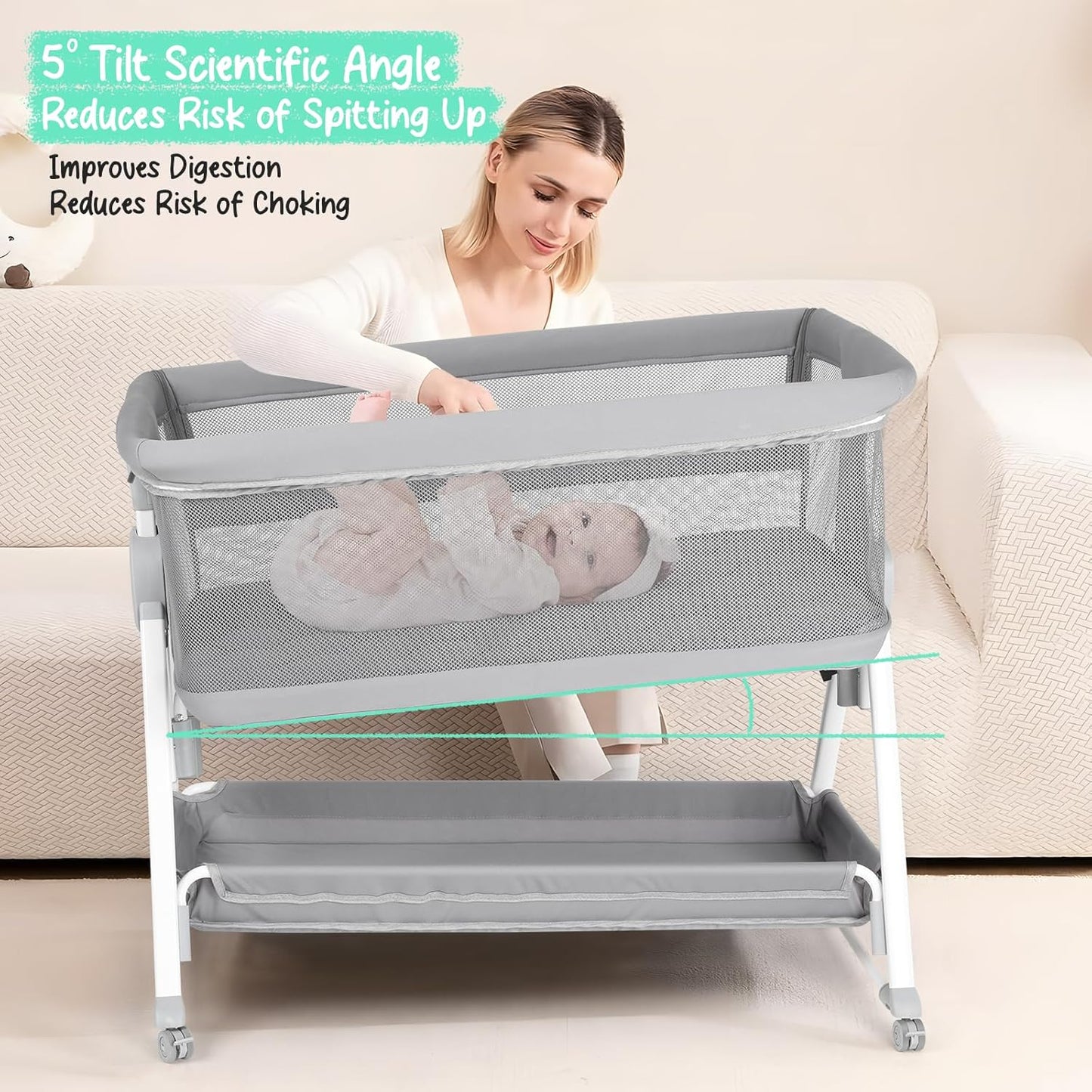 Cowiewie Bassinet Bedside Sleeper, Baby Bassinet with 7 Adjustable Height, Bedside Bassinet for Baby with Storage, Breathable Mesh & Mattress, Portable Bassinet Easy Folding (Pyramid Light Gray)