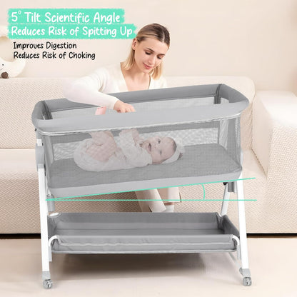 Cowiewie Bassinet Bedside Sleeper, Baby Bassinet with 7 Adjustable Height, Bedside Bassinet for Baby with Storage, Breathable Mesh & Mattress, Portable Bassinet Easy Folding (Pyramid Light Gray)