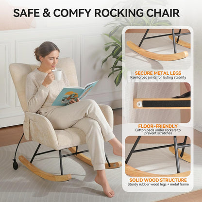 Nursery Rocking Chair Teddy Upholstered Glider Rocker Rocker Accent Chair with High Backrest Armchair Comfy Side Pocket Modern Rocking Accent Chairs for Living Room, Nursery, Office-Green