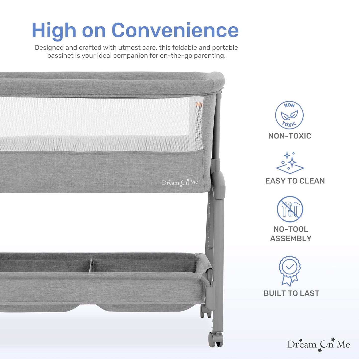 Dream On Me Calypso Portable Bassinet with Wheels, Adjustable Height Bedside Sleeper, Foldable Baby Bassinet with Breathable Mesh Sides, Foam Mattress, Easy Mobility & Travel-Friendly Design - Black
