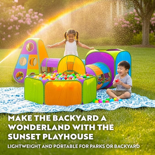 Playz 5-Piece Kids Pop up Play Tent Crawl Tunnel and Ball Pit with Basketball Hoop Playhouse for Boys, Girls, Babies, and Toddlers (Purple, Orange, Yellow, Red, Blue)