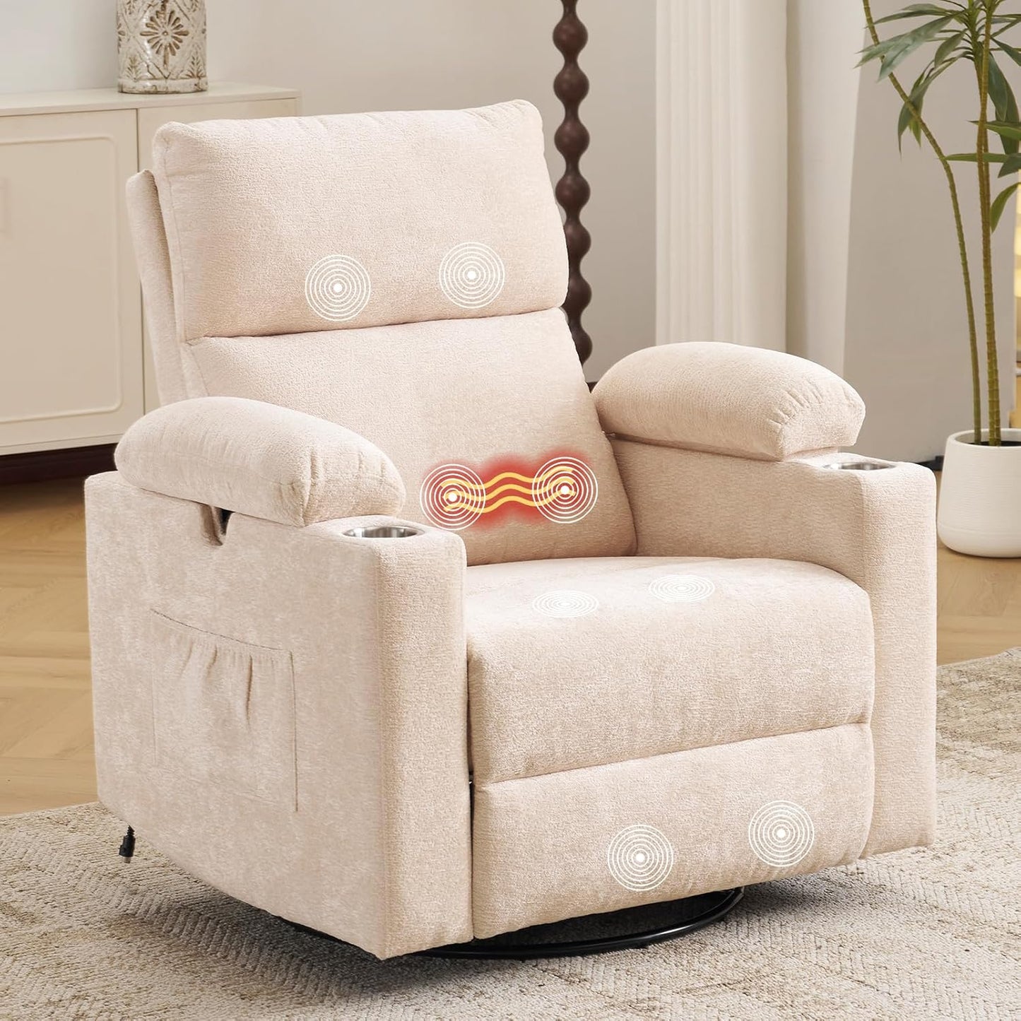 Rocking Chair Nursery with Adjustable Armrests, Electric Glider Recliner Nursing Chair for Breastfeeding, Power Swivel Recliner Chairs with Massage and Heat, Adjustable Headrest , FSC Certified, White