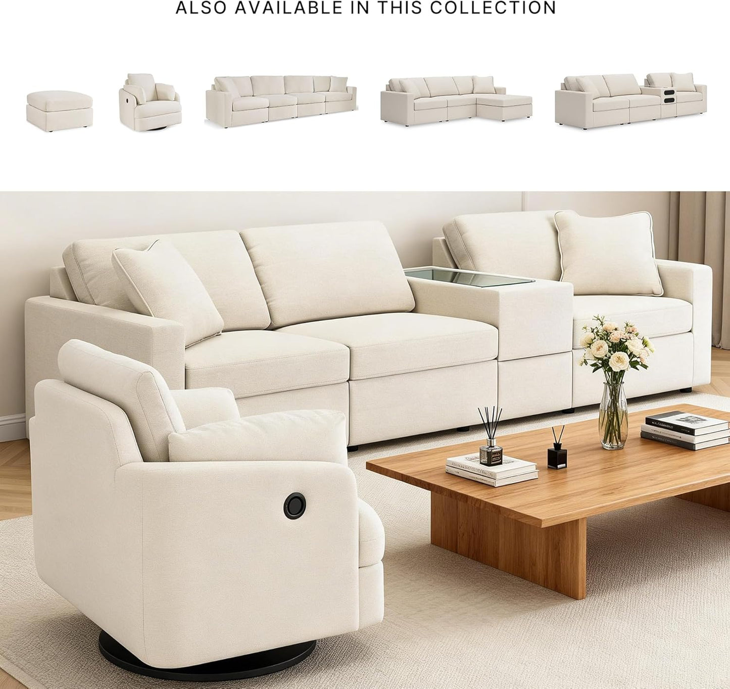 Signature Design by Ashley Modmax Coastal Press-Back Swivel Glider Rocker Recliner with Machine Washable Cover, Hidden Storage Compartments and 2 Bolster Pillows, Beige - Colors B