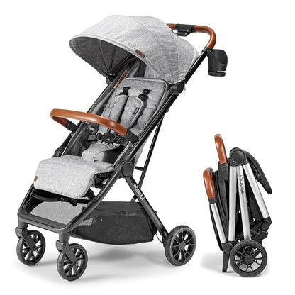Bombi Bēbee V2 Lightweight Baby Stroller - Premium Vegan Leather, One-Hand Fold, Infinite Recline, Aircraft-Grade Aluminum Frame, XXL Canopy, and Ample Storage Umbrella Stroller - Sand