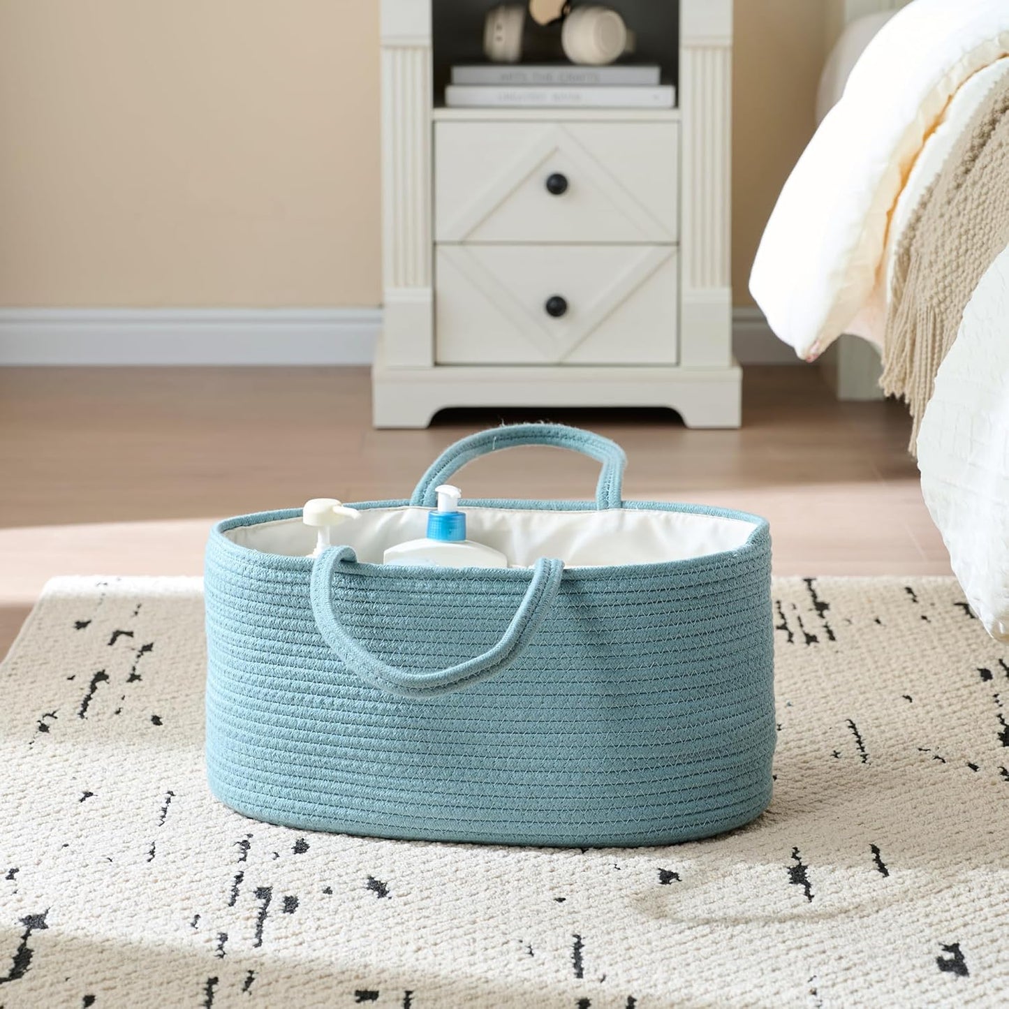 luxury little Diaper Caddy Organizer, Large Cotton Rope Nursery Baby Basket, Changing Table Organizer for Baby Diaper Storage, Portable Car Organizer Removable Divider (Off White, Large)