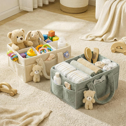 Shinylin 2 Pack Diaper Caddy Organizer Baby Caddy Organizer with Handle Nursery Storage Bin and Car Storage Basket for Diapers, Wipes, Newborn Necessities Baby Shower Gifts(Lily Green and Ivory)