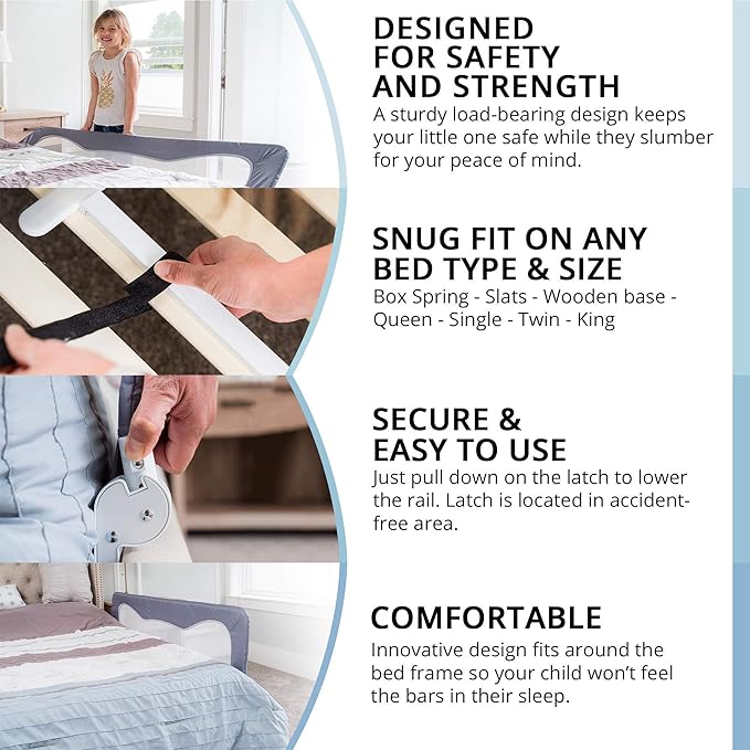 TotCraft Bed/Crib Safety Guard Rail, Extra Long for Toddlers, Infants, Kids, Children for Twin, Full Size, Queen &King Mattress, Grey (59L19.5H) in