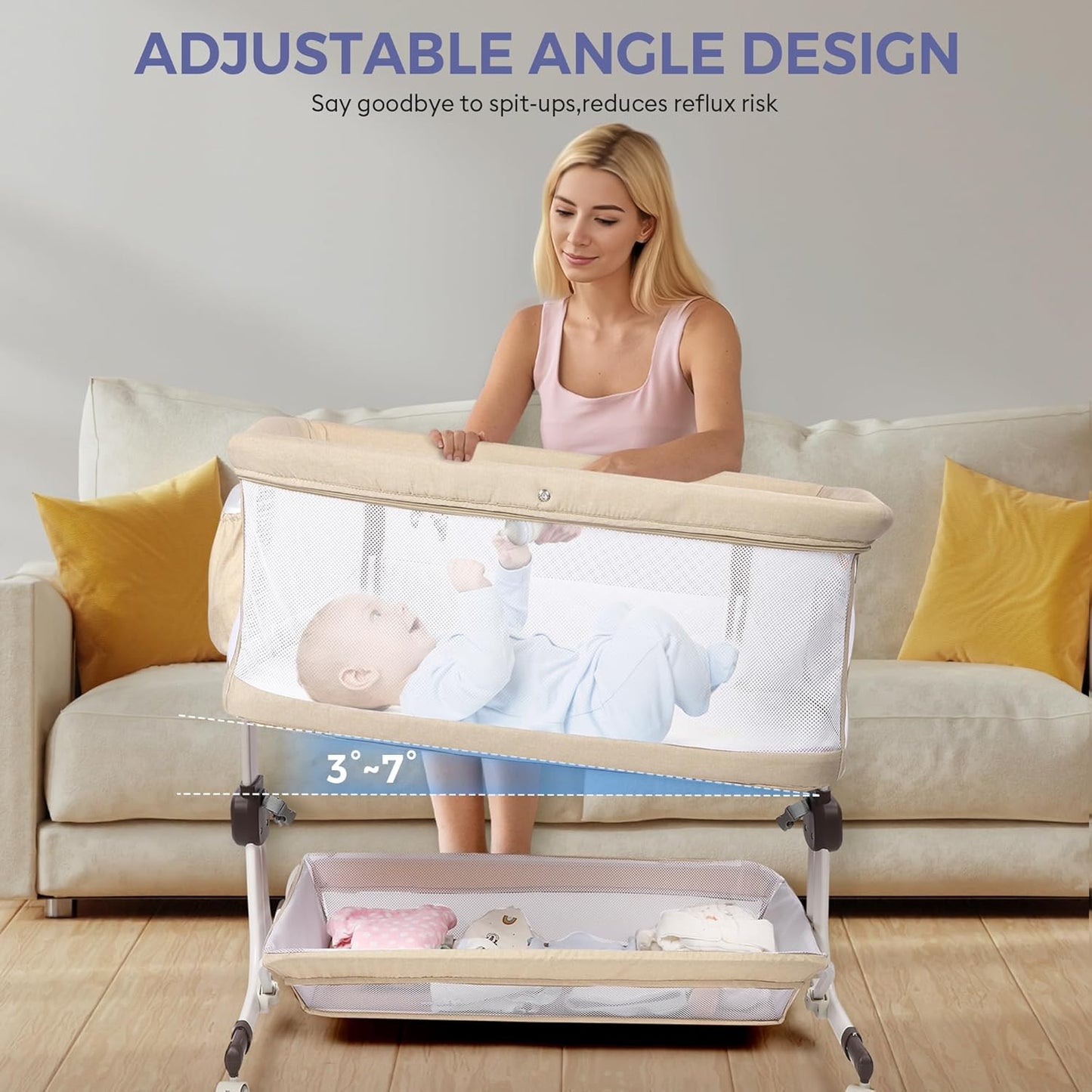 MOMFANN Baby Bassinet Bedside Sleeper, Upgraded Stability Bedside Crib with Full Mesh Sides, Soft Sheet, 6-Height Adjustment, Storage Basket, Easy Folding Portable Bassinet for Newborns, Gray