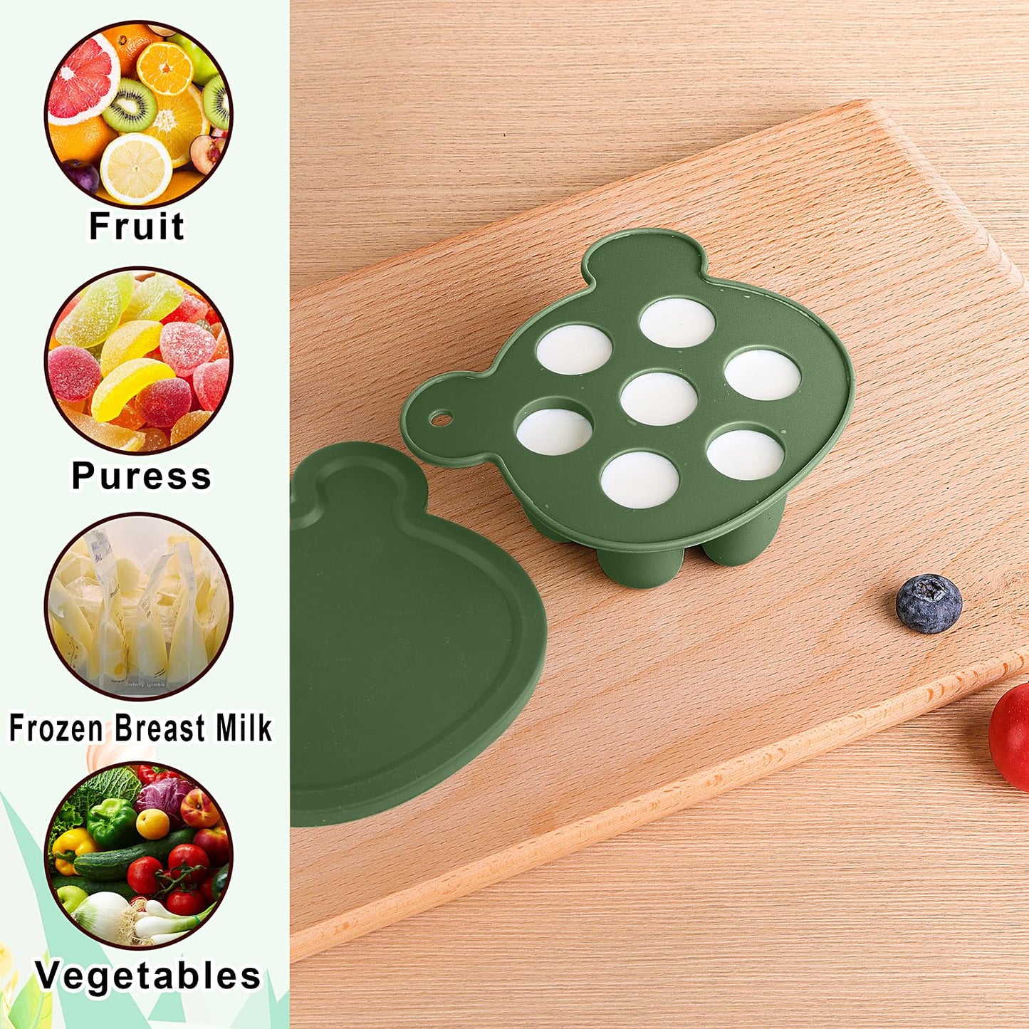 3-in-1 Baby Food & Fruit Feeder Set – Breastmilk Popsicle Mold with Freezer Tray, Teething Relief Toy, BPA Free Infant Silicone Feeding Combo, 3 Bonus Sizes (S/M/L) Sacs (Olive Green)