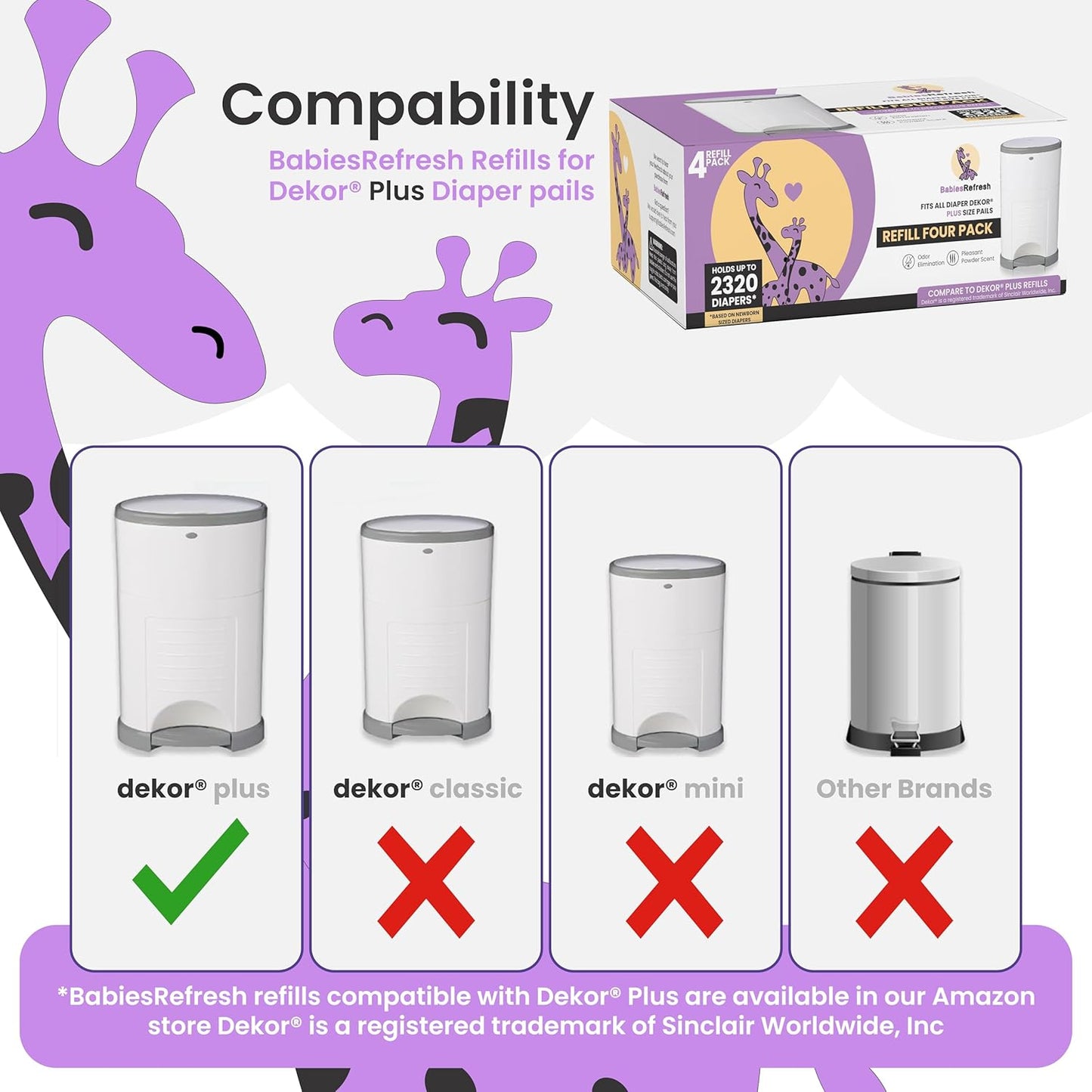 Refills Compatible with DEKOR PLUS Diaper Pail Refills | 8 Pack | Diaper Pail Odor Eliminator| Fresh Powder Scent | Each Diaper Bag Refill Holds up to 4640 Diapers | Diaper bin refill