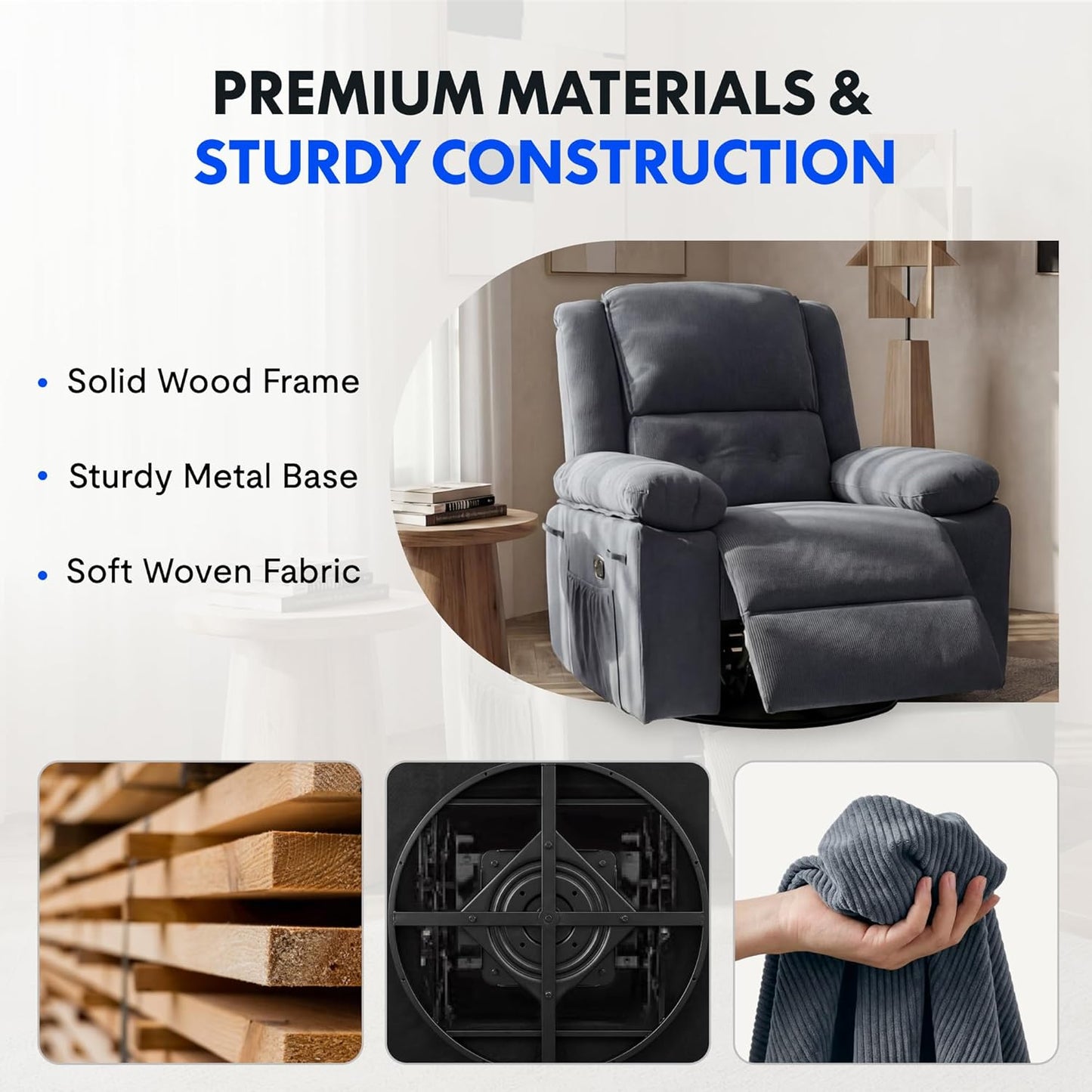 FLEXISPOT Swivel Rocker Recliner Chair for Adults, Massage Recliner Rocking Chair Nursery, 360° Swivel Nursery Glider for Living Room Bedroom, Beige (XRC2)