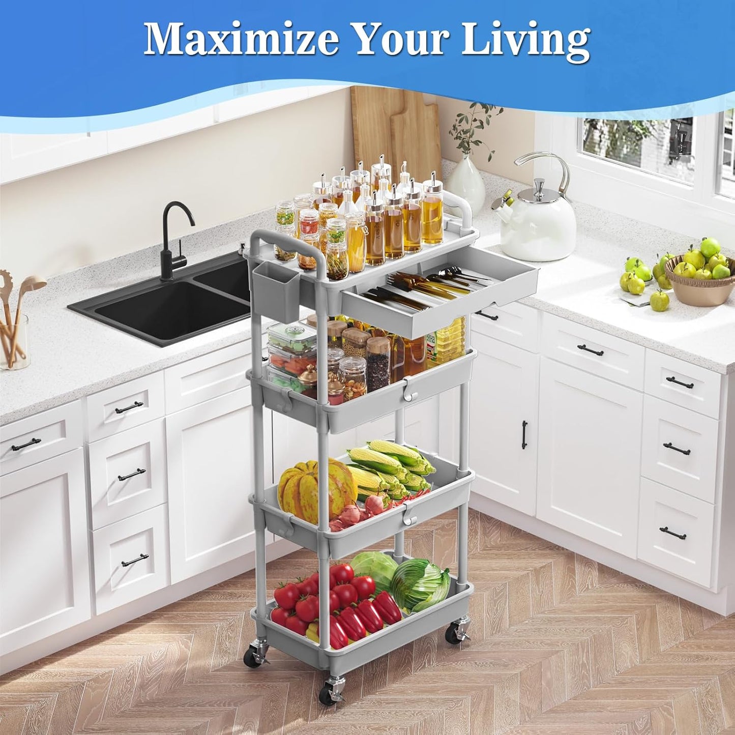 SUNALLY 3 Tier Rolling Cart with Drawer, Bathroom Storage Organizer with 2 Lockable Wheels, Multifunctional Rolling Storage Cart for Bathroom, Kitchen, Office, Craft, Makeup, Baby Essentials, White