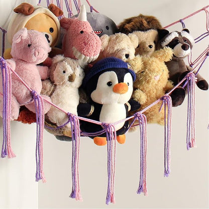 mirolam Large Stuffed Animal Hammock Corner Net for Toys Storage Hanging Stuff Animal Organizer Holder Pink Purle Girls Room Bedroom Boho Nursery Decor