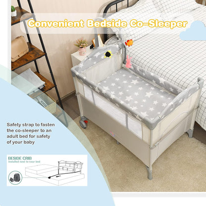 HONEY JOY Pack and Play with Bassinet, 5-in-1 Baby Bedside Sleeper w/Diaper Changing Table & Storage Bag, Toy Arch & Music Box, Detachable Side Rail, Portable Baby Play Yard w/Carry Bag(Gray)