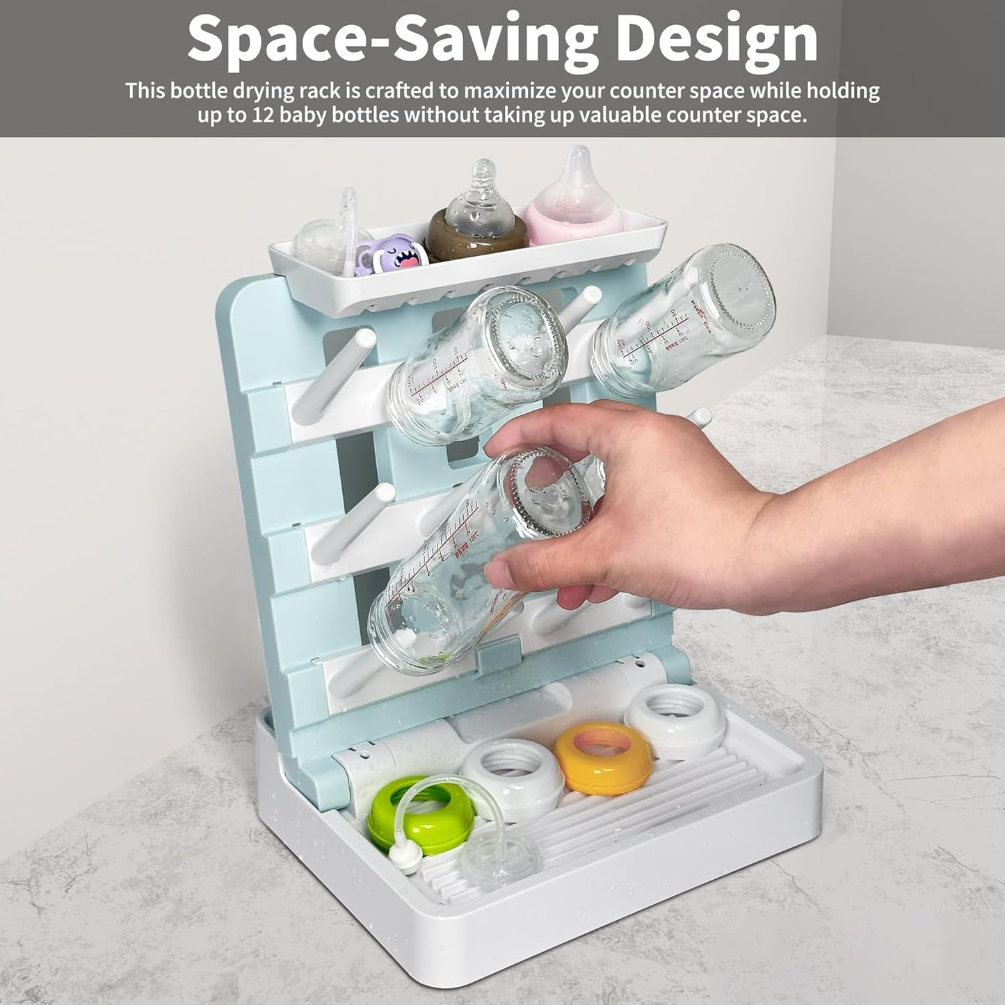 Baby Bottle Drying Rack, Vertical Standing Bottle Dryer Rack Holder-Space Saving Baby Bottle Drying Rack for Countertop-Holds Up to 12 Baby Bottles & Cup(Gray & Khaki)