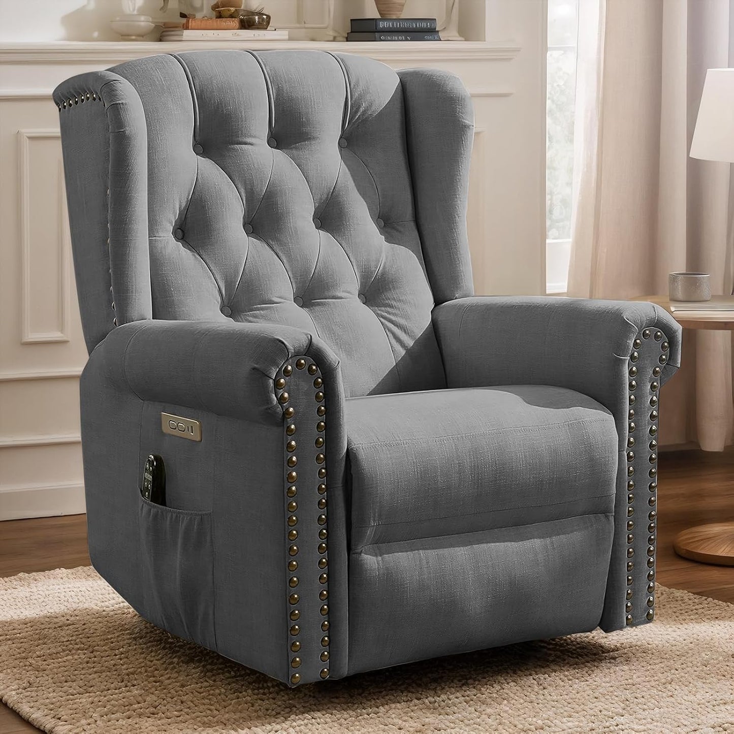VIVIJASON Power Swivel Rocking Recliner Chair with Massage & Heat, Electric Rocker Nursery Glider Chair, Wingback Tufted Upholstered Recliner W/Type-C & USB Ports for Living Room, Bedroom, Beige