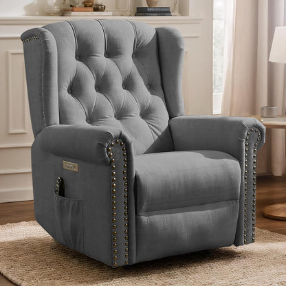 VIVIJASON Power Swivel Rocking Recliner Chair with Massage & Heat, Electric Rocker Nursery Glider Chair, Wingback Tufted Upholstered Recliner W/Type-C & USB Ports for Living Room, Bedroom, Beige