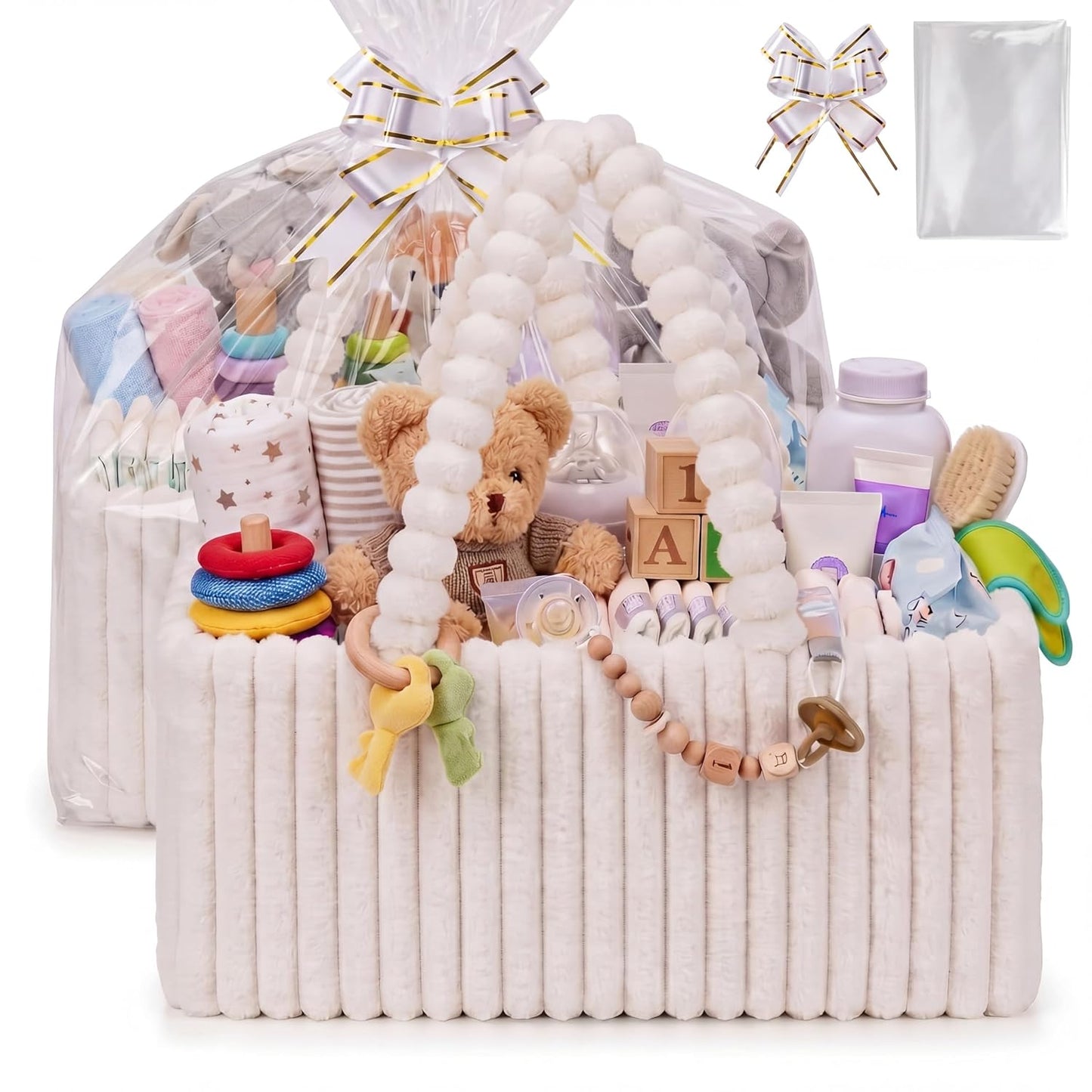 Abbylike 2 Pack Flannel Diaper Caddy Organizer with Gift Bag and Bow, Baby Shower Gift Basket with Handle, Portable Nursery Storage Basket Bin for Diapers, Wipes, Newborn Essentials
