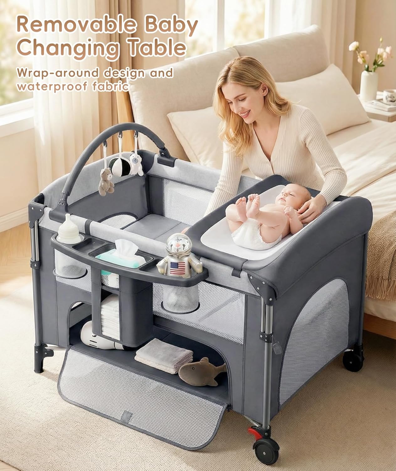 4 in 1 Baby Bassinet Bedside Crib with One-Hand Setup & Waterproof Mattress – ASTM-Certified Pack and Play, Portable Foldable Playard with Diaper Changer for Newborn to Toddler(Black)