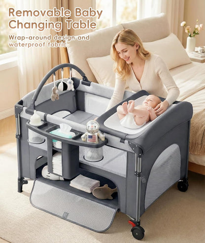 4 in 1 Baby Bassinet Bedside Crib with One-Hand Setup & Waterproof Mattress – ASTM-Certified Pack and Play, Portable Foldable Playard with Diaper Changer for Newborn to Toddler(Black)