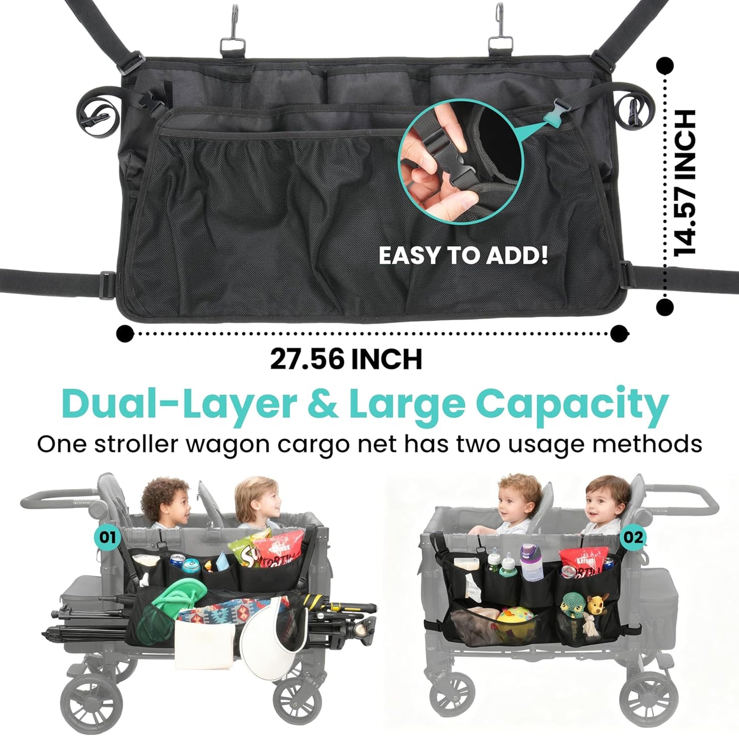 Stroller Wagon Cargo Net and Organizer Compatible with Wonderfold W2 & W4, Double-Layer Expandable Storage Net with Zippered Pockets, Foldable Wagon Accessories, Heavy-Duty Mesh (1 Pack)