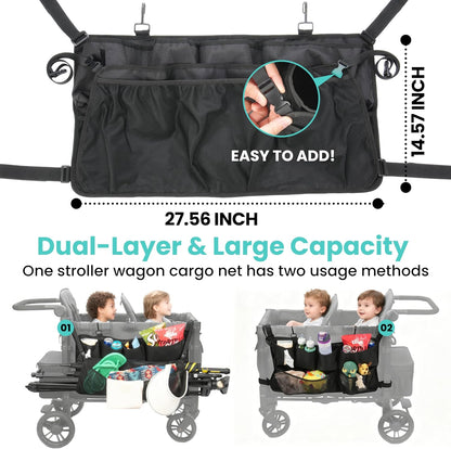 Stroller Wagon Cargo Net and Organizer Compatible with Wonderfold W2 & W4, Double-Layer Expandable Storage Net with Zippered Pockets, Foldable Wagon Accessories, Heavy-Duty Mesh (1 Pack)