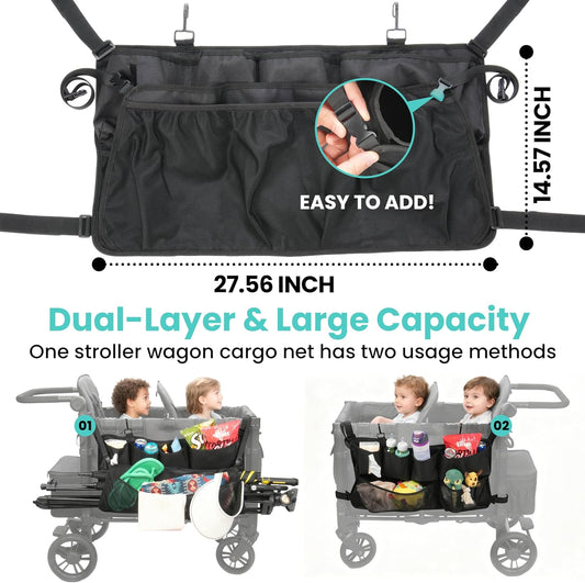 Stroller Wagon Cargo Net and Organizer Compatible with Wonderfold W2 & W4, Double-Layer Expandable Storage Net with Zippered Pockets, Foldable Wagon Accessories, Heavy-Duty Mesh (1 Pack)
