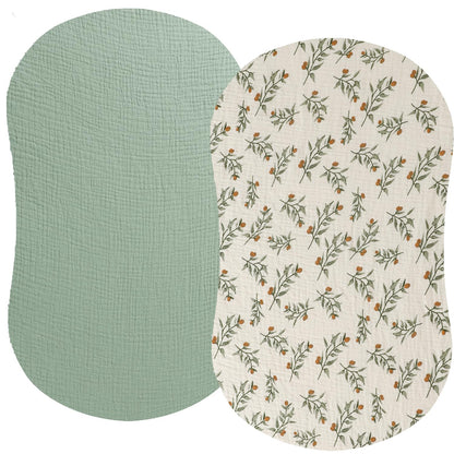Muslin Bassinet Sheet Compatible with Mika Micky Bedside Sleeper 2 Pack Cotton Stylish Boho Fitted Bassinet Sheets Super Soft for Baby Roman Green & Botanical Leaf