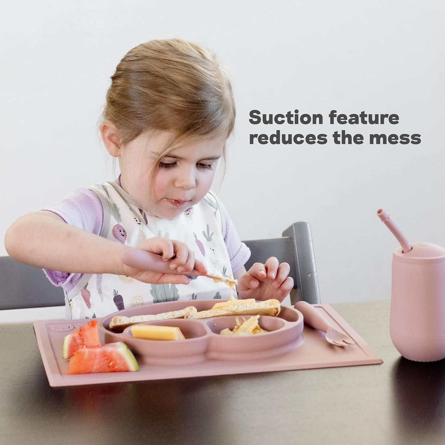 ezpz Mini Mat (Blush) - 6 -12 Months+ - 100% Silicone Suction Placemat + Divided Plate with Three Compartments - Supports Baby-Led Weaning - Designed for Highchair, Table, and Travel