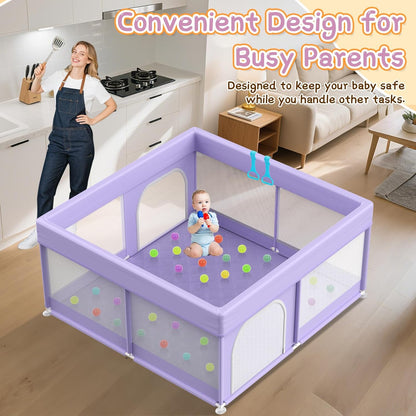 Baby Playpen with Mat - 79"x71" Extra Large Play Pens for Babies and Toddlers Indoor Safety Baby Fence with Soft Breathable Mesh - All-Wrapped Sponge Sturdy Play Yard with Handle & Bag Purple