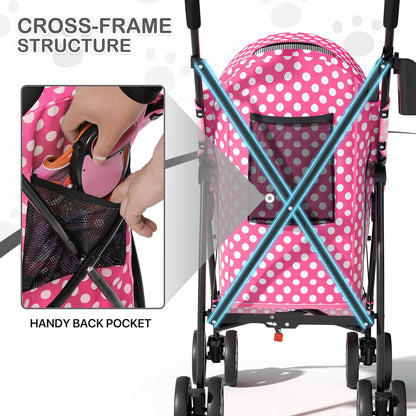 MoNiBloom 4 Wheels Pet Stroller, Easy-Fold Puppy Cage Jogger Stroller with Sun Cover, Pad and Rear Storage Bag, Breathable and Visible Mesh for Small/Medium Pets up to 22 lbs, Black