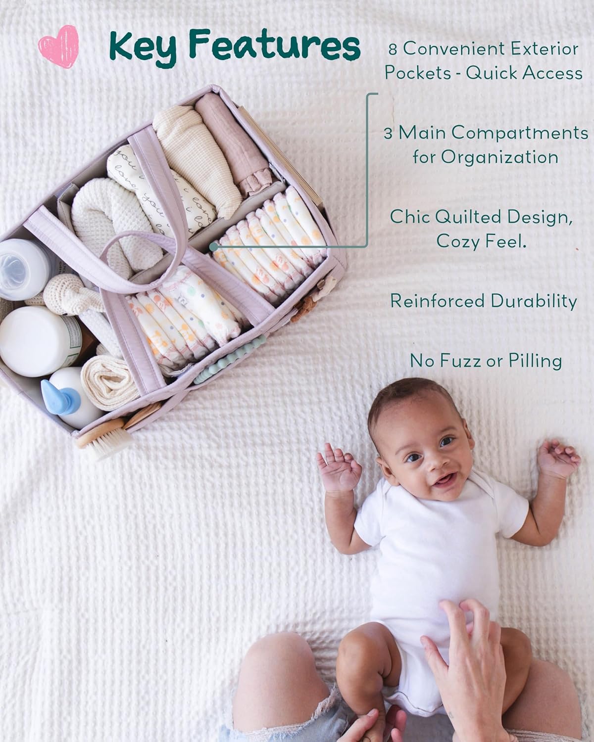 Lily Miles Baby Diaper Caddy Organizer, Quilted Nursery Storage Basket for Newborn Essentials and Diaper Changing Station, Gift for Baby Shower and Registry Must-Have (Willow Green)