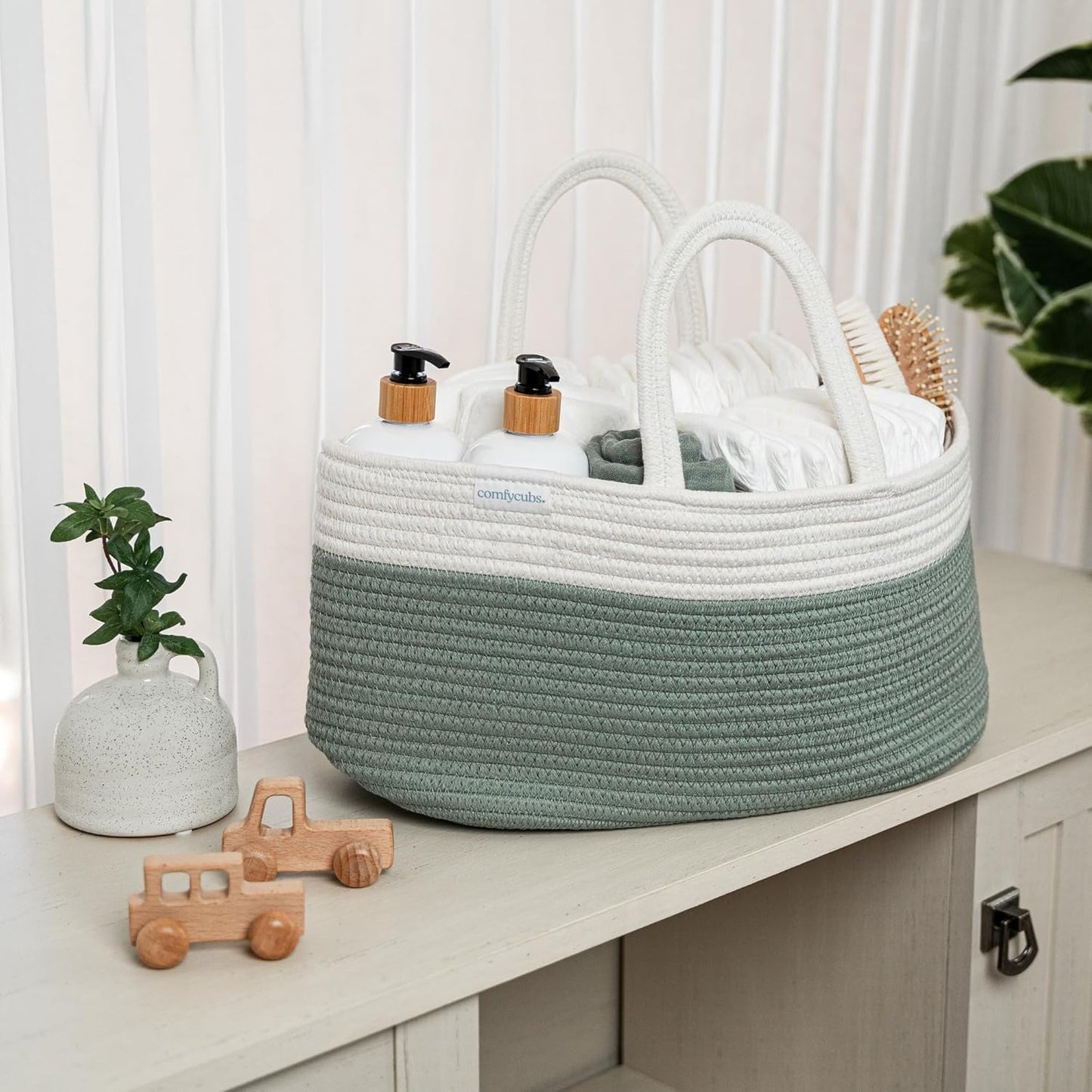 Comfy Cubs Rope Diaper Caddy Organizer 8.5" x 15" x 8" - Large Baby Diaper Basket with 3 Spacious Compartments - Stylish Cotton Baby Caddy Organizer for Diapers, Wipes & Essentials - Pacific Blue