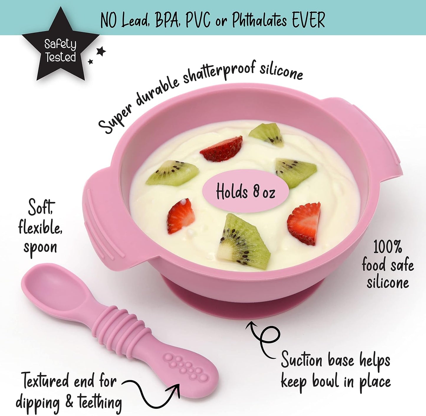 PrimaStella Unbreakable Silicone Non-Slip Bowl and Chew Spoon Set for Babies and Toddlers (Rainbow Swirl)