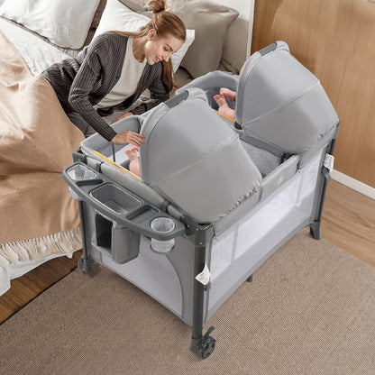 JOYMOR Twin Bassinet for Baby, Beige Bedside Bassinet, Convertible to Bedside Sleeper and Playpen, with Wheel, Brake, Foldable Side Sleeper,Beige