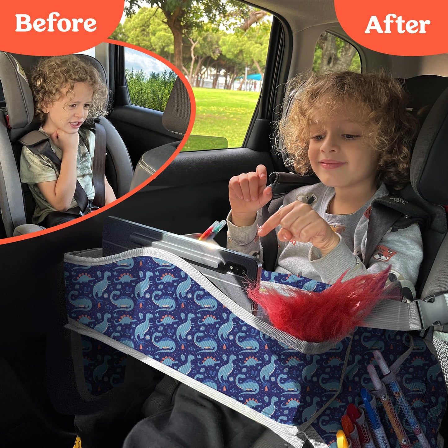 PILLANI Kids Travel Tray for Car Seat - Carseat Tray w/ iPad Holder & Dry Erase Board, Road Trip Activities - Toddler Lap Desk Organizer for Airplane - Roadtrip & Travel Essentials - Pack of 2, Pink