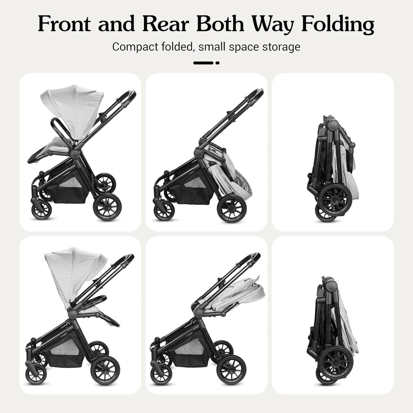 Lightweight High-View Baby Stroller, One-Hand Fold & Compact Storage, Convertible Seat, 5-Point Safety Harness, Foldable Infant Stroller, Grey