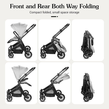 Lightweight High-View Baby Stroller, One-Hand Fold & Compact Storage, Convertible Seat, 5-Point Safety Harness, Foldable Infant Stroller, Grey