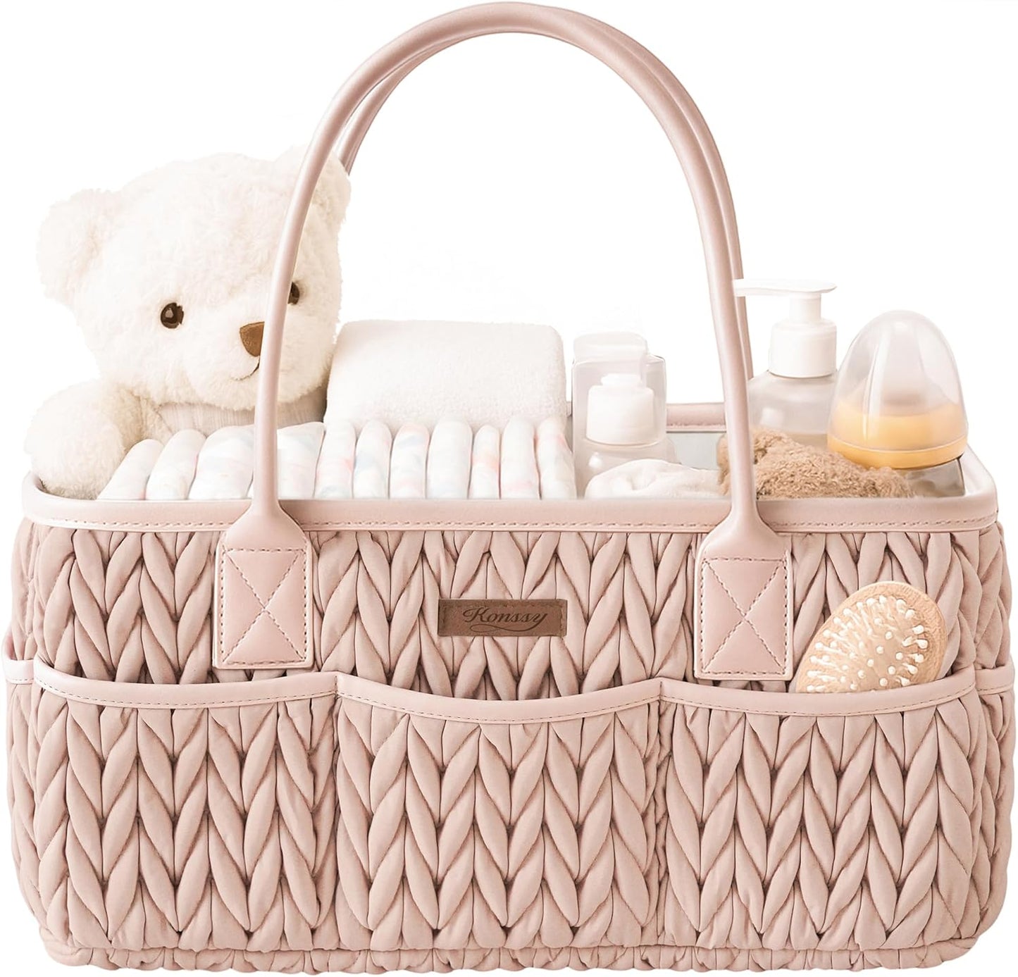 Konssy Braided Quilted Diaper Caddy Organizer, Boho Nursery Storage Basket with PU Leather Handles, Water-Repellent Portable Diaper Basket for Changing Table, Newborn Essentials (Blush)