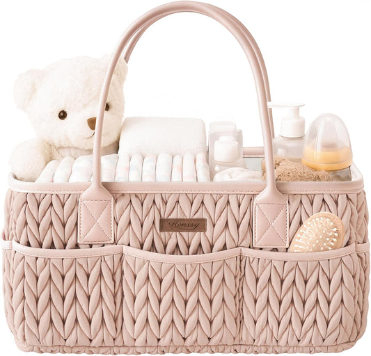 Konssy Braided Quilted Diaper Caddy Organizer, Boho Nursery Storage Basket with PU Leather Handles, Water-Repellent Portable Diaper Basket for Changing Table, Newborn Essentials (Blush)