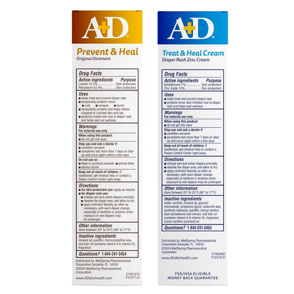 A+D Original Diaper Rash Ointment + Zinc Oxide Diaper Rash Cream 4oz Variety Pack - Prevents & Treats - Moisturizing Skin Protectant With Vitamins A & D